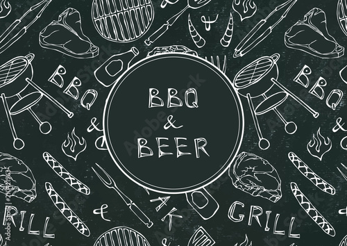 Seamless Pattern of Summer BBQ Grill Party. Beer, Steak, Sausage, Barbeque Grid, Tongs, Fork, Fire, Ketchup. Black Board Background and Chalk. Hand Drawn Vector Illustration. Doodle Style.