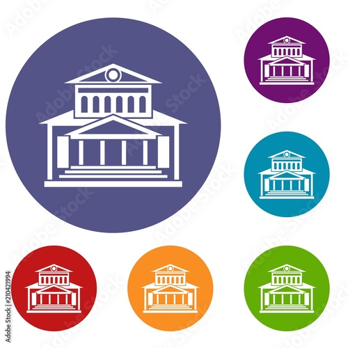 Theater building icons set in flat circle reb, blue and green color for web