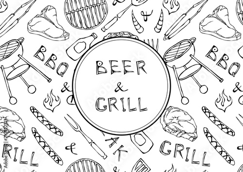 Seamless Pattern of Summer BBQ Grill Party. Beer, Steak, Sausage, Barbeque Grid, Tongs, Fork, Fire, Ketchup. Hand Drawn Vector Illustration.Doodle Style.