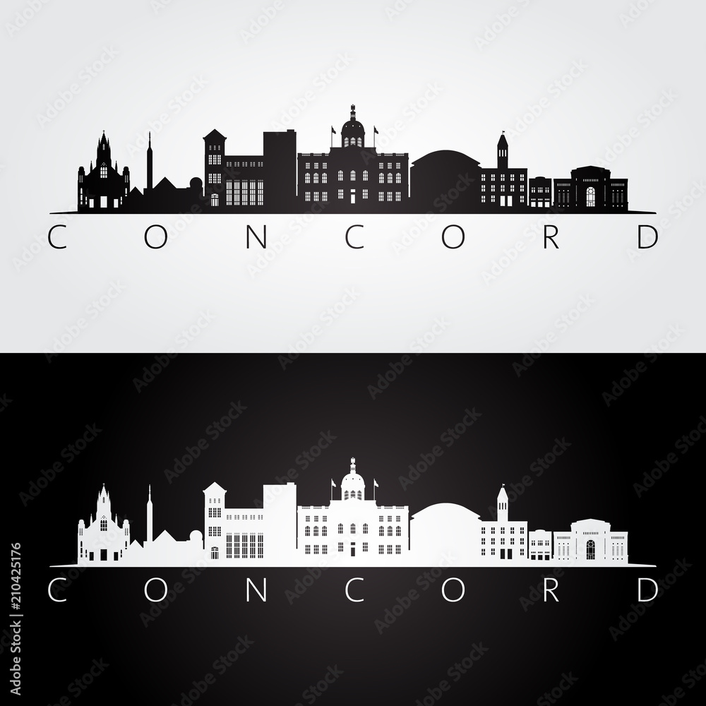 Concord, USA skyline and landmarks silhouette, black and white design, vector illustration.