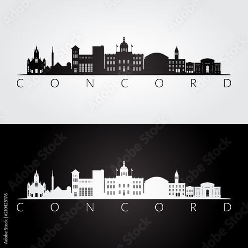 Concord, USA skyline and landmarks silhouette, black and white design, vector illustration.