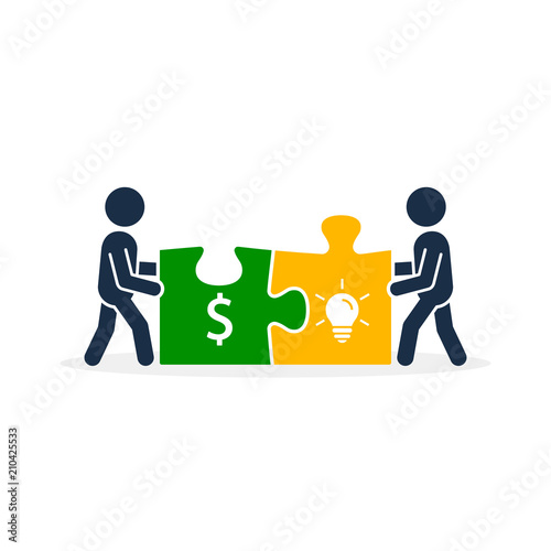 Businessmen connecting puzzle elements Money and Idea Business Success Concept. Teamwork metaphor. Vector illustration flat style design