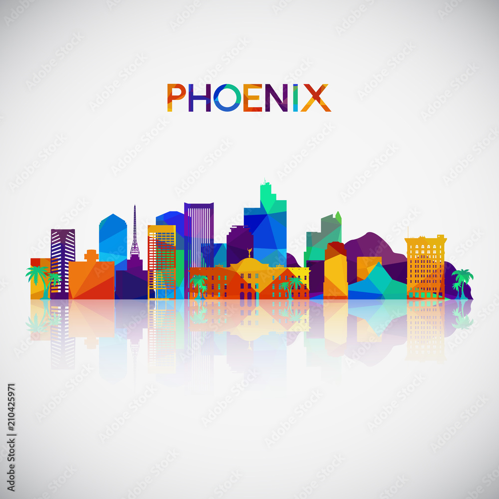 Phoenix skyline silhouette in colorful geometric style. Symbol for your design. Vector illustration.