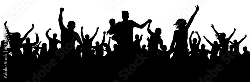 Celebration people silhouette. Crowd concert party audience. Soccer cheer fan goal. Cheerful crowd vector