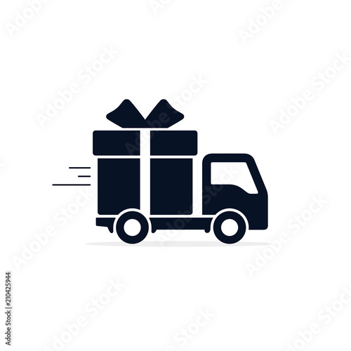 Delivery truck with gift box Icon. Vector flat style illustration isolated on white background