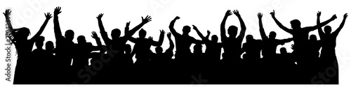Crowd cheerful people silhouette. Joyful mob. Happy group of young people dancing at musical party, concert, disco. Sports fans, applause, cheering. Vector on white background. Celebrating dancing