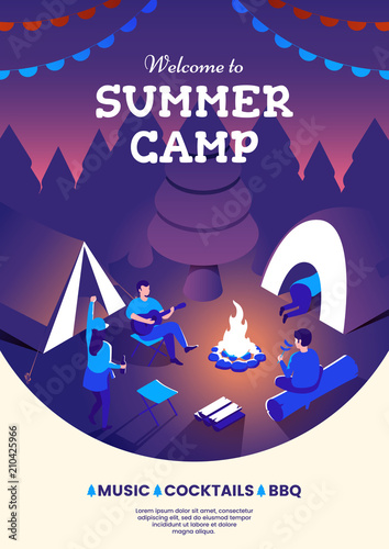 Summer camping party invitation poster. Group of people sitting at a campfire. Night camp illustration. Summer picnic. Design template for flyer or banner. Vector eps 10.