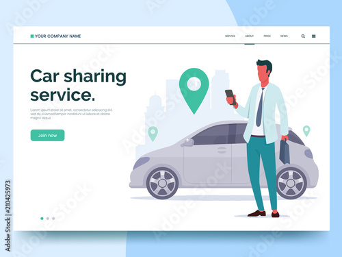 Car sharing service advertising web page template. A man with a smartphone standing near the car. Modern landing page for mobile app with colorful illustration. Business website concept. Eps 10.