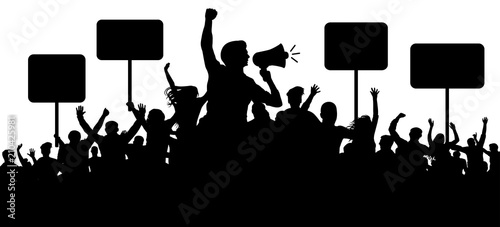 Crowd of people silhouette vector. Transparent, protest slogans. Speaker, loudspeaker, orator, spokesman. Applause of a cheerful people mob. Sports fans. Demonstration banner. Meeting of people