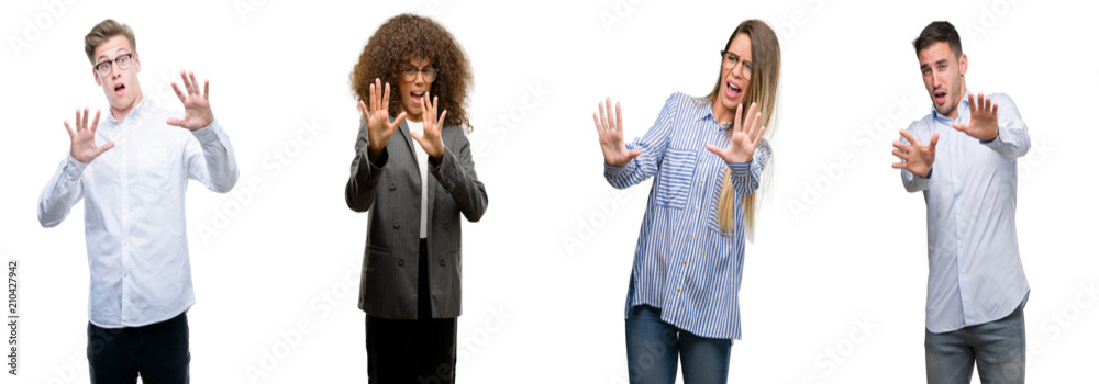 Team of business men and women afraid and terrified with fear expression stop gesture with hands, shouting in shock. Panic concept. Team of business men and women afraid and terrified with fear expression stop gesture with hands, shouting in shock. Panic concept.
