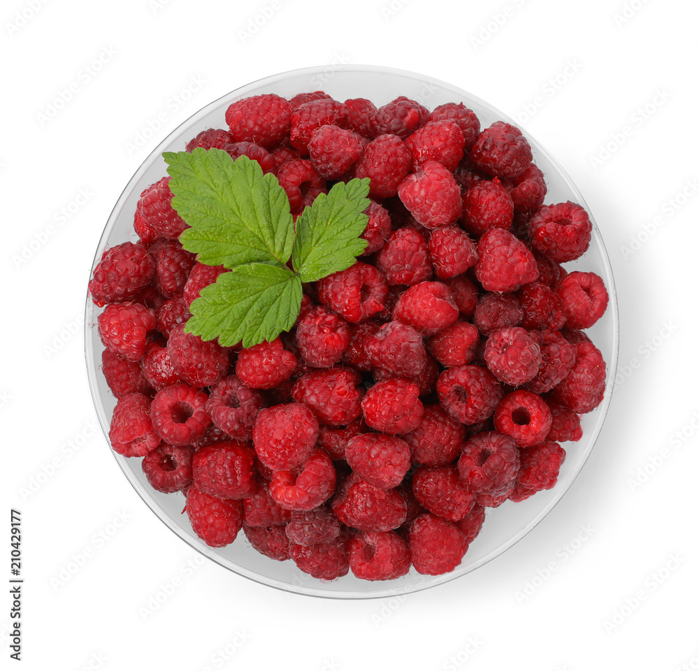 Plate with ripe raspberries on white background, top view Plate with ripe raspberries on white background, top view