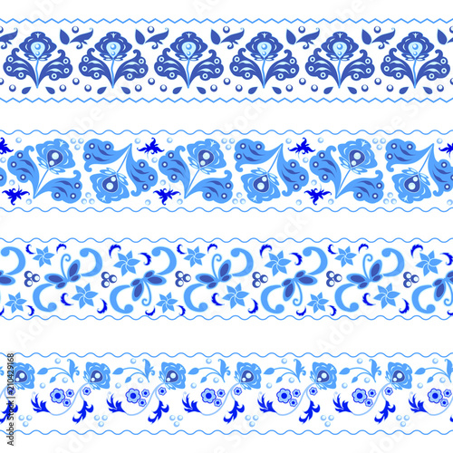Foto Set of decorative borders in traditional Russian Gzhel style