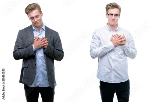 Young handsome blond business man wearing different outfits smiling with hands on chest with closed eyes and grateful gesture on face. Health concept.