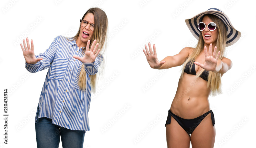 Young beautiful blonde woman wearing business and bikini outfits afraid and terrified with fear expression stop gesture with hands, shouting in shock. Panic concept. - obrazy, fototapety, plakaty 