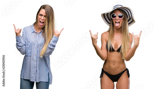 Fotografie Young beautiful blonde woman wearing business and bikini outfits shouting with crazy expression doing rock symbol with hands up
