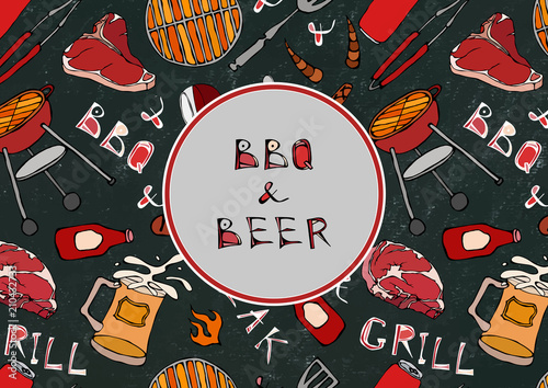 Seamless Pattern of Summer BBQ and Beer Party. Steak, Sausage, Barbeque Grid, Tongs, Fork, Fire, Ketchup. Black Board Background and Chalk. Hand Drawn Vector Illustration. Doodle Style.
