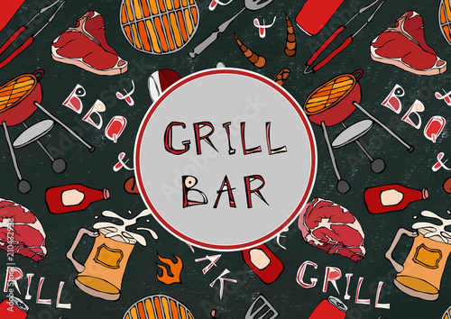 Seamless Pattern of Summer Grill and Bar Party. Steak, Sausage, Barbeque Grid, Tongs, Fork, Fire, Ketchup. Black Board Background and Chalk. Hand Drawn Vector Illustration. Doodle Style.