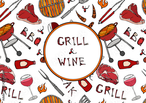 Seamless Pattern of Summer Grill and Wine. Steak, Sausage, Barbeque Grid, Tongs, Fork, Fire, Ketchup. Hand Drawn Vector Illustration. Doodle Style.
