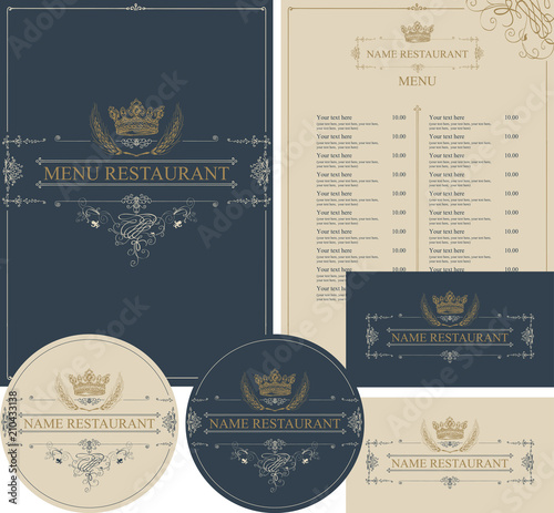 Vector set of design elements for a cafe or restaurant in baroque style with hand drawn crown in beige and dark grey colors. Menu cover, price list, stands for drinks and business cards