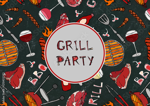 Seamless Pattern of Summer Grill Party. Steak, Sausage, Barbeque Grid, Tongs, Fork, Fire, Ketchup. Black Board Background and Chalk. Hand Drawn Vector Illustration. Doodle Style.