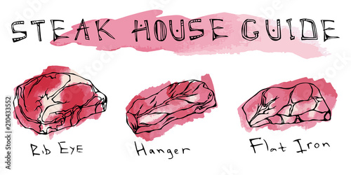 Watercolor Steak Types Set. Beef Cuts. Top Meat Guide for Butcher Shop or Steak House Restaurant Menu. Hand Drawn Illustration. Doodle Style.Hanger, Flat Iron, Rib Eye.