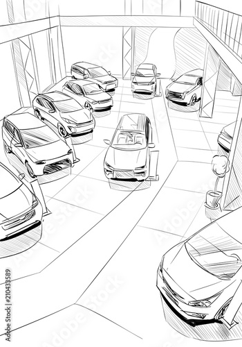 Car showroom exterior design sketch. Hand drawn vector illustration