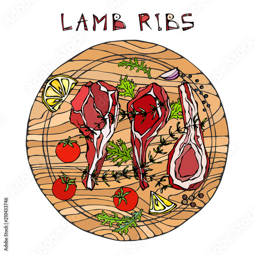 Lamb Ribs Chops with Herbs, Lemon, Tomato, Parsley, Thyme, Pepper. On a Round Wooden Cutting Board. Meat Guide for Butcher Shop or Steak House Restaurant Menu. Hand Drawn Illustration. Doodle Style.