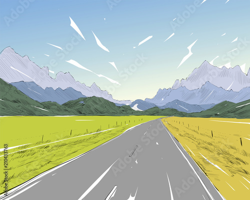 New Zealand.Road among the mountains. Beautiful landscape. Hand drawn vector illustration.