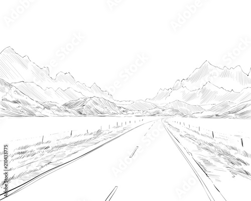 New Zealand.Road among the mountains. Beautiful landscape. Hand drawn vector illustration.