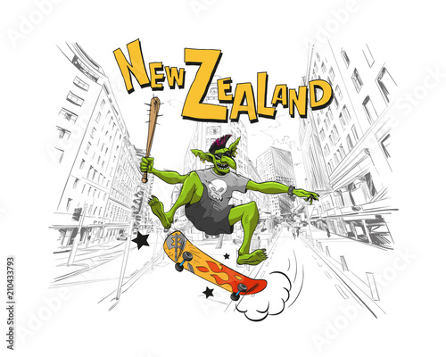 Troll jumps on a skateboard in the city Wellington. New Zealand. Hand drawn city sketch. Fantasy vector illustration. Design fashion printing for clothes.