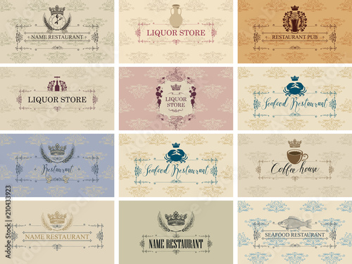 Vector set of business cards on the theme of food and drink for restaurant, seafood restaurant, coffee house, liquor store and pub in baroque style on ornate background with floral pattern.