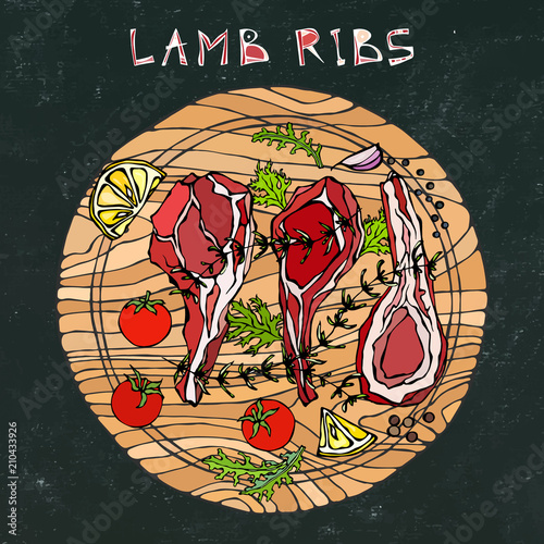 Lamb Ribs Chops with Herbs, Lemon, Tomato, Parsley, Thyme, Pepper. On a Round Wooden Cutting Board. Meat Guide for Butcher Shop or Steak House Restaurant Menu. Hand Drawn Illustration. Doodle Style.