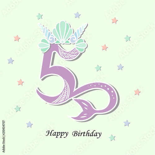 Fototapeta Naklejka Na Ścianę i Meble -  Vector illustration Number Five with Mermaid tail and Shell Crown. Template for Mermaid style birthday, party invitation, greeting card. Cute Number Five as logo, patch, sticker.