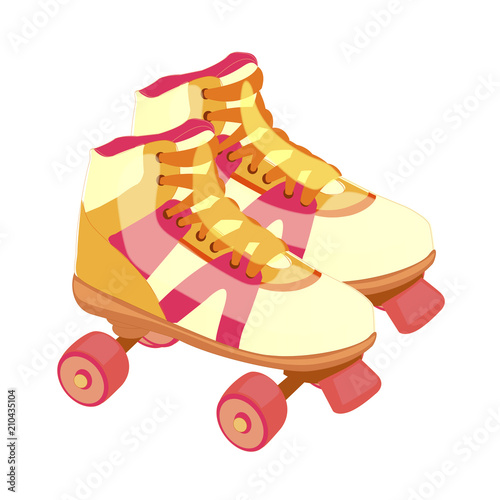 Pair of vintage, retro quad roller skates. Vector illustration isolated on white background. Equipment for sport, healthy lifestyle and physical activity.
