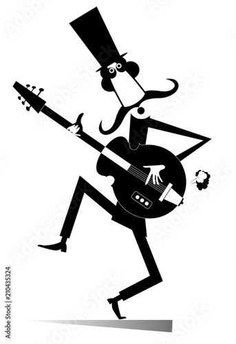 Cartoon long mustache guitarist is playing music illustration isolated. Mustache man in the top hat playing guitar silhouette black on white
