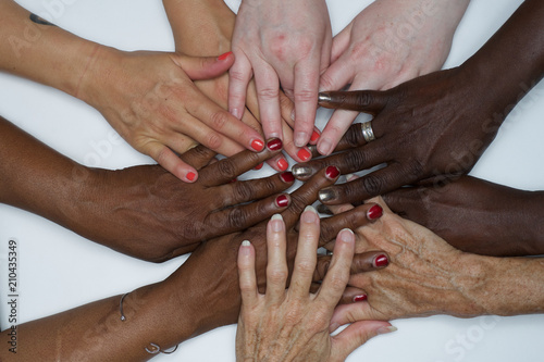 Diversity, Hands women from diverse backgrounds, woman's strength and unity interracial 