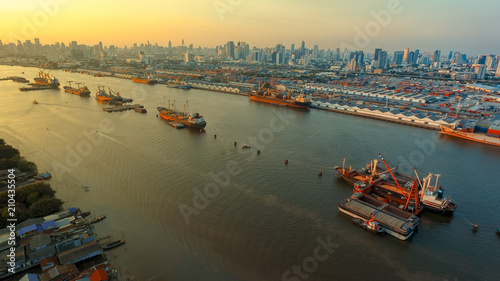 aerial view of klong toey port and chaopraya river in bangkok thailand