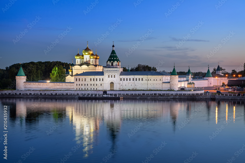 Ipatiev Monastery reflecting in water at dusk, Kostroma, Russia