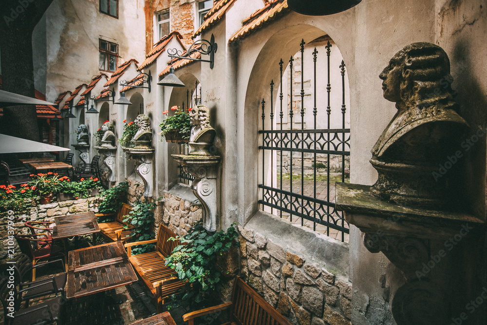 Lviv, armenian courtyard, outdoor cafe 