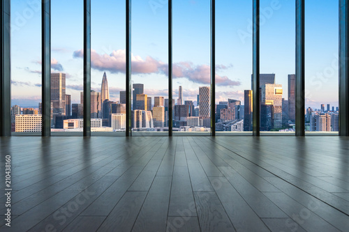 interior of office building with city skyline