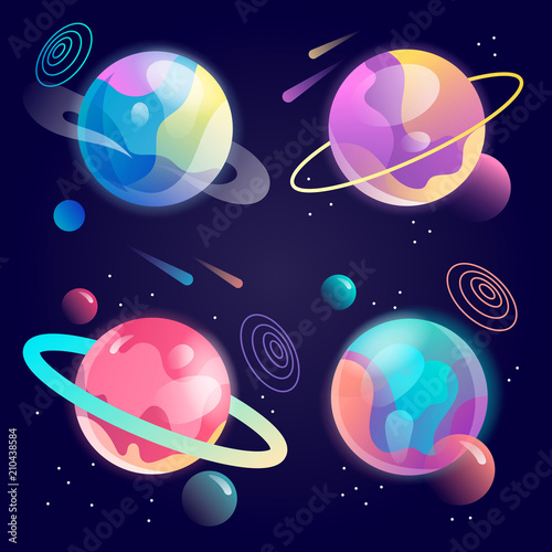 set of fantasy cartoon planets in space. vector illustration