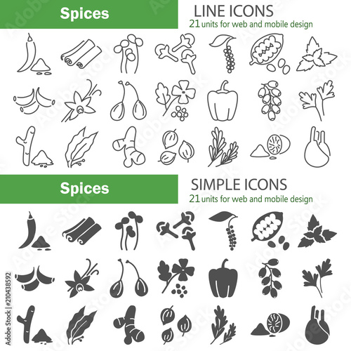 Different spices line and simple icons set