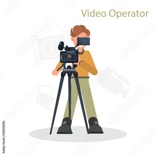 Video operator shoots on camera color flat illustration