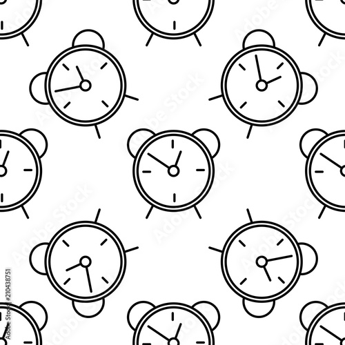 Alarm clock line icon seamless pattern on white background. Wake up, get up concept. Time sign. Flat design. Vector Illustration