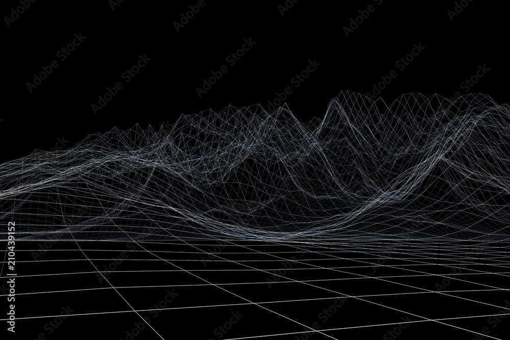 Wireframe polygonal landscape. Mountains with connected lines and dots
