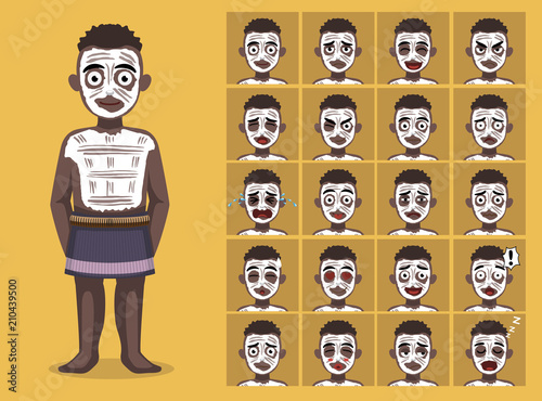 African Tribe Clothes Male Karo Cartoon Emotion faces Vector Illustration