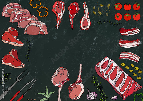 Meat Cuts Assortment - Beef, Pork, Lamb, Steak, Boneless Rump, Ribs Roast, Loin and Rib Chops. Tomato, Olives, Bell Pepper, Onion, Capers, Garlic, Herbs, Fork, Tongs. Black Board Background and Chalk.