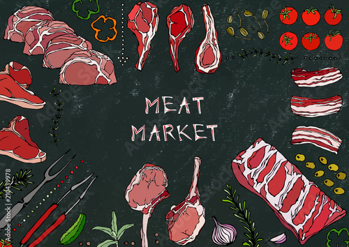 Meat Market. Meat Cuts - Beef, Pork, Lamb, Steak, Boneless Rump, Ribs Roast, Loin and Rib Chops. Tomato, Olives, Bell Pepper, Onion,Garlic, Herbs, Fork, Tongs. Black Board Background and Chalk.