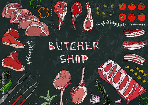 Butcher Shop. Meat Cuts - Beef, Pork, Lamb, Steak, Boneless Rump, Ribs Roast, Loin and Rib Chops. Tomato, Olives, Bell Pepper, Onion,Garlic, Herbs, Fork, Tongs. Black Board Background and Chalk.