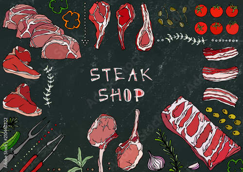 Steak Shop. Meat Cuts - Beef, Pork, Lamb, Steak, Boneless Rump, Ribs Roast, Loin and Rib Chops. Tomato, Olives, Bell Pepper, Onion,Garlic, Herbs, Fork, Tongs. Black Board Background and Chalk.